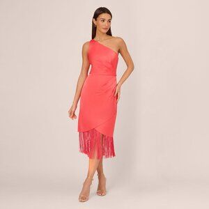 Adrianna Papell Stretch Satin One Shoulder Midi Dress With Fringe Skirt In Spicy